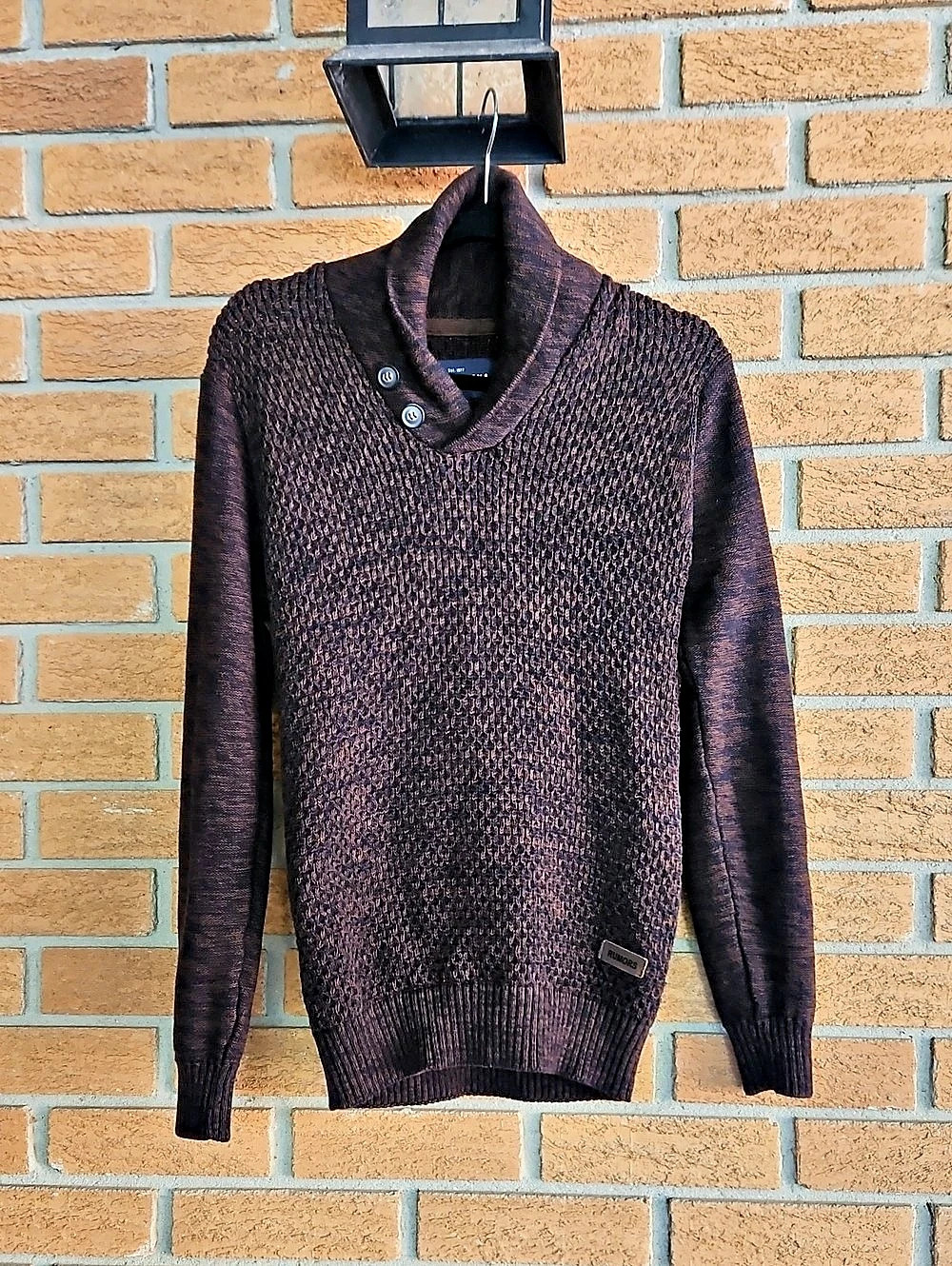 Brown Black Knit  High Neck 2 Button Detail 100% Cotton Sweater Like New Sz.Sm.